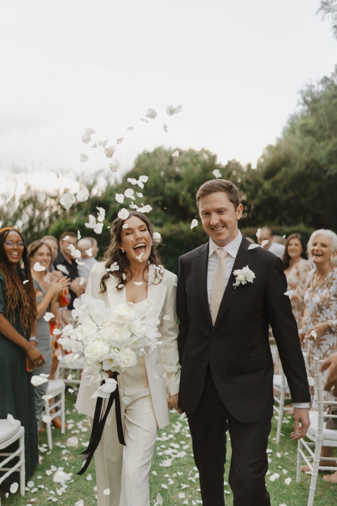 confetti toss and bride and groom