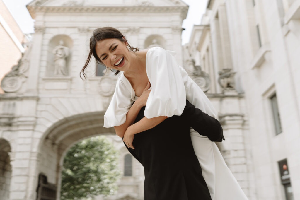 Candid moment of bride and groom in London