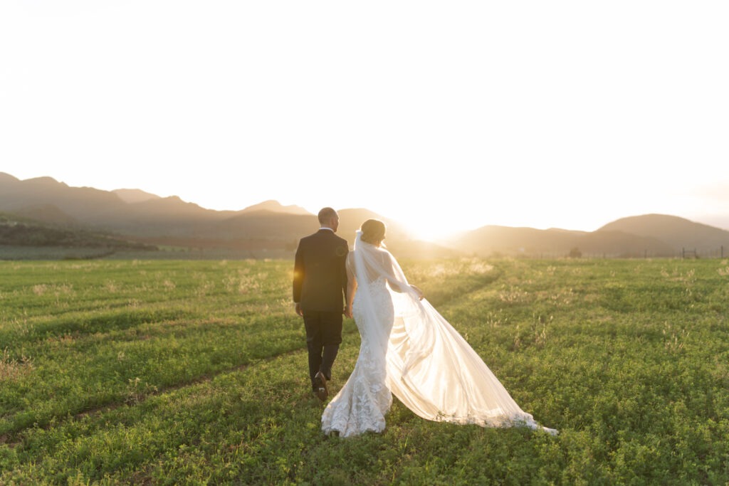 Bride and groom walking into sunset in the Karoo