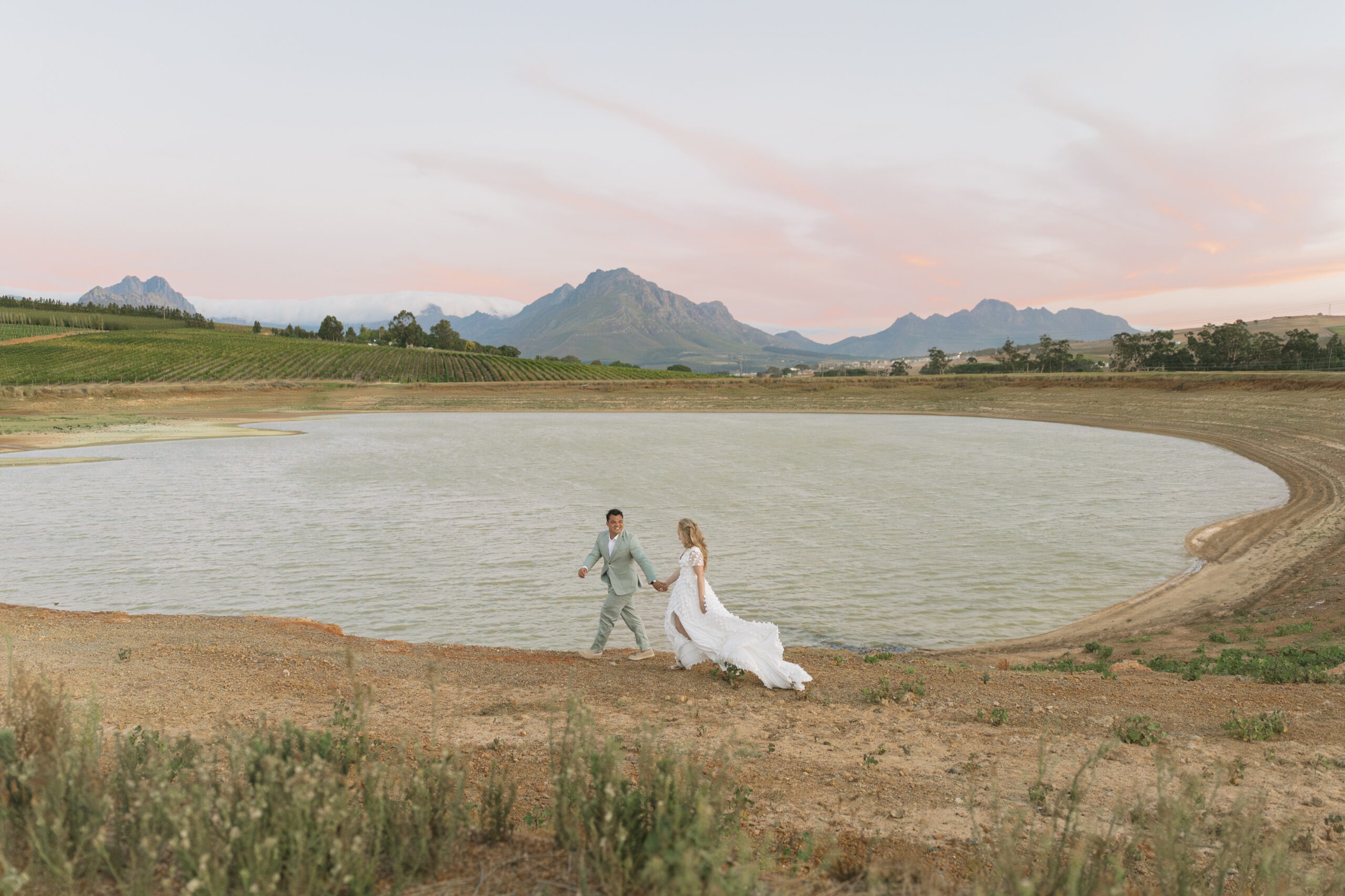 Bridal couple at sunset in Stellenbosch