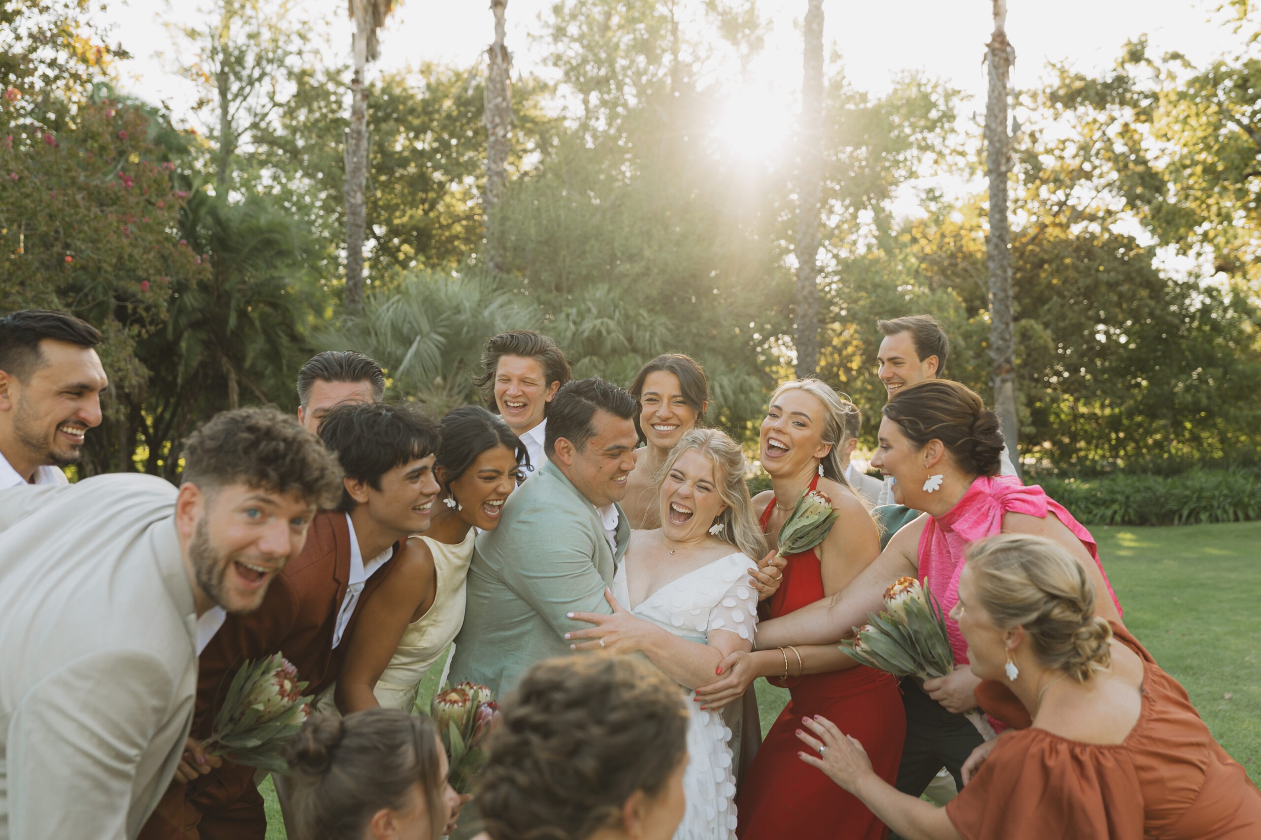 Bridal party having fun in Stellenbosch