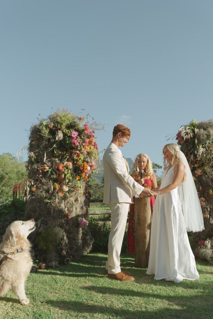 Candid moment of dog barking during wedding ceremony in Cape Town Wellington Winelands